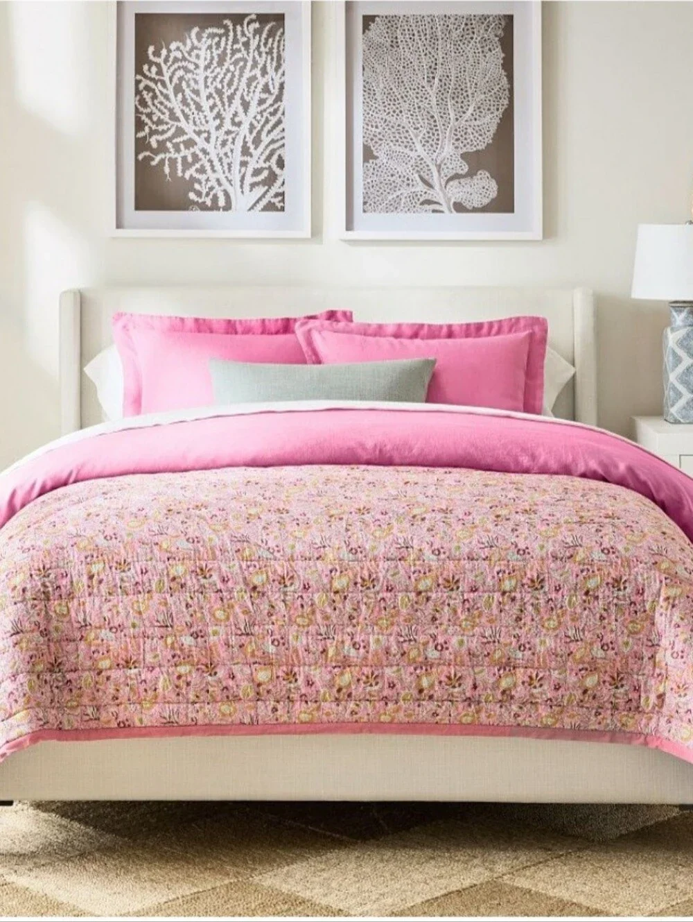 POTTERY BARN Shannon Reversible Kingsize Quilt w/ 2 Matching Shams In Pink/Blue